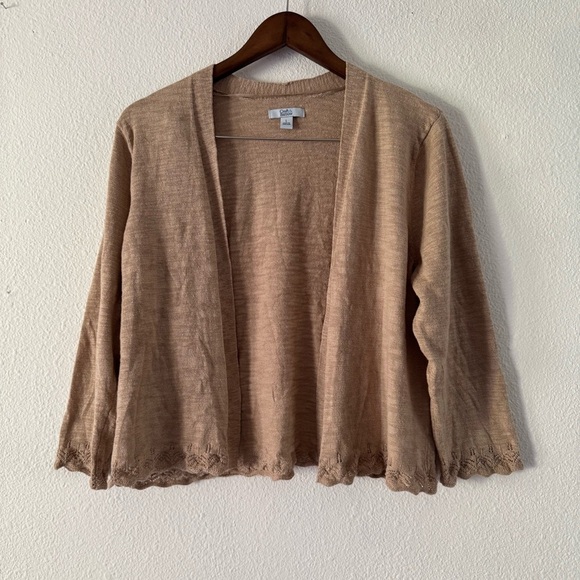 Beige Cardigan Large Lace Trim Open Front Cozy Quiet Luxury Coastal Grandma - Picture 11 of 12